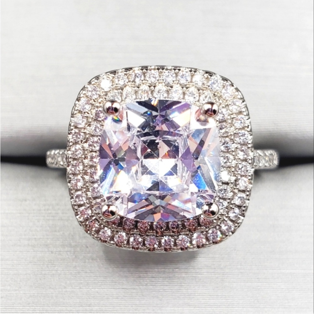Cushion Cut Diamond Simulant Silver Tone Diuble Halo Ring